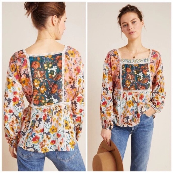 Anthropologie Maeve Floral Peasant Boho Blouse XS Square Neck EUC - Picture 2 of 13